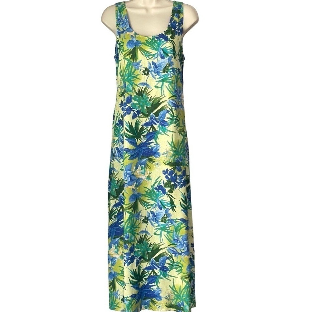 Vintage 90s Connie Choi Linen Rayon Tropical Maxi Dress USA Small Tie Waist